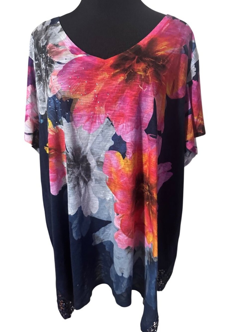 Time and Tru blue and pink and yellow floral beaded top with lace panels size 3X
